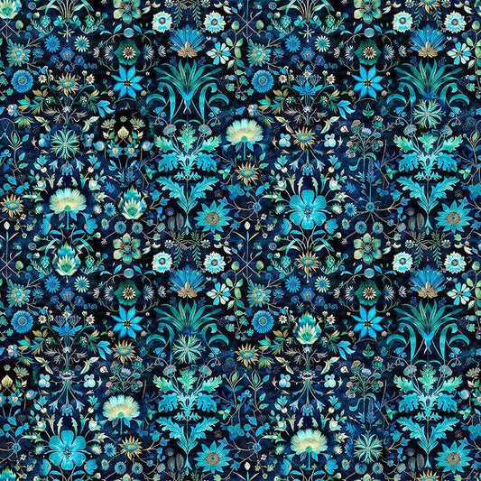 Image of Folklore Floral Navy quilting cotton fabric by Morris Creative Group for QT fabrics. Features flowers on a blue background. Cute Little Fabric Shop.