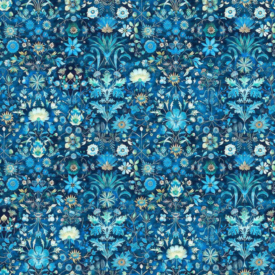 Image of Folklore Floral Blue quilting cotton fabric by Morris Creative Group for QT fabrics. Features flowers on a blue background. Cute Little Fabric Shop.
