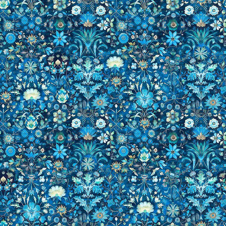 Image of Folklore Floral Blue quilting cotton fabric by Morris Creative Group for QT fabrics. Features flowers on a blue background. Cute Little Fabric Shop.
