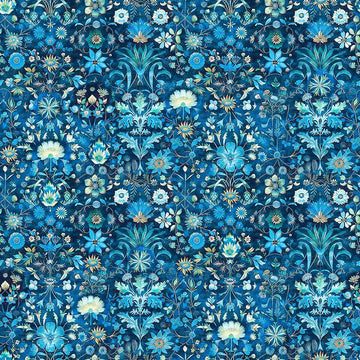 Image of Folklore Floral Blue quilting cotton fabric by Morris Creative Group for QT fabrics. Features flowers on a blue background. Cute Little Fabric Shop.