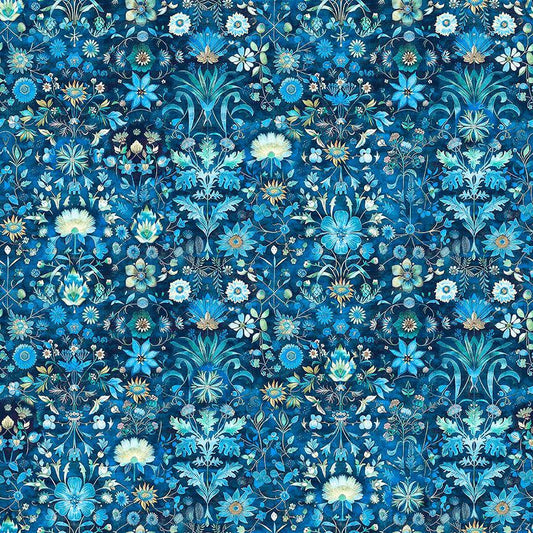 Image of Folklore Floral Blue quilting cotton fabric by Morris Creative Group for QT fabrics. Features flowers on a blue background. Cute Little Fabric Shop.
