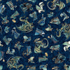 Image of Folklore Medieval Character Toss Navy quilting cotton fabric by Morris Creative Group for QT fabrics. Features dragons and wizards on a blue background. Cute Little Fabric Shop.