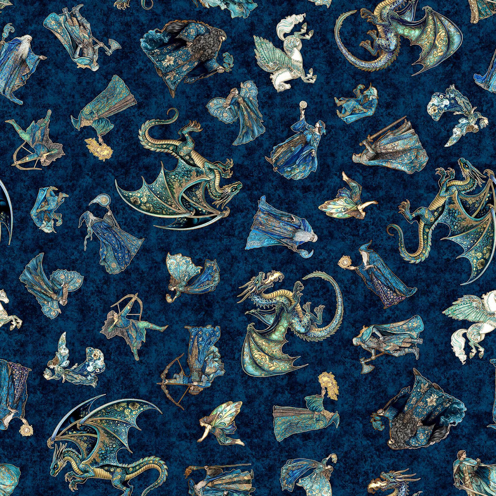 Image of Folklore Medieval Character Toss Navy quilting cotton fabric by Morris Creative Group for QT fabrics. Features dragons and wizards on a blue background. Cute Little Fabric Shop.