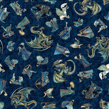 Image of Folklore Medieval Character Toss Navy quilting cotton fabric by Morris Creative Group for QT fabrics. Features dragons and wizards on a blue background. Cute Little Fabric Shop.