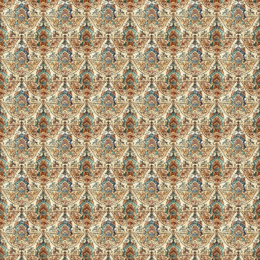 Image of Folklore Medieval Crest Geo Dark Tan quilting cotton fabric by Morris Creative Group for QT fabrics. Features a geometric pattern on a cream background. Cute Little Fabric Shop.