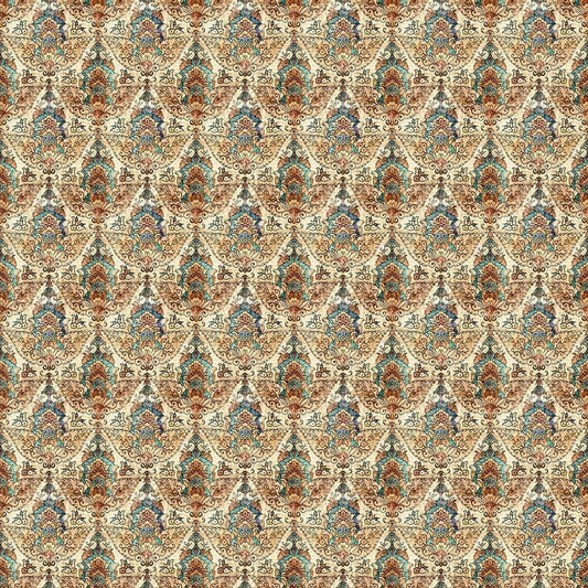 Image of Folklore Medieval Crest Geo Dark Tan quilting cotton fabric by Morris Creative Group for QT fabrics. Features a geometric pattern on a cream background. Cute Little Fabric Shop.