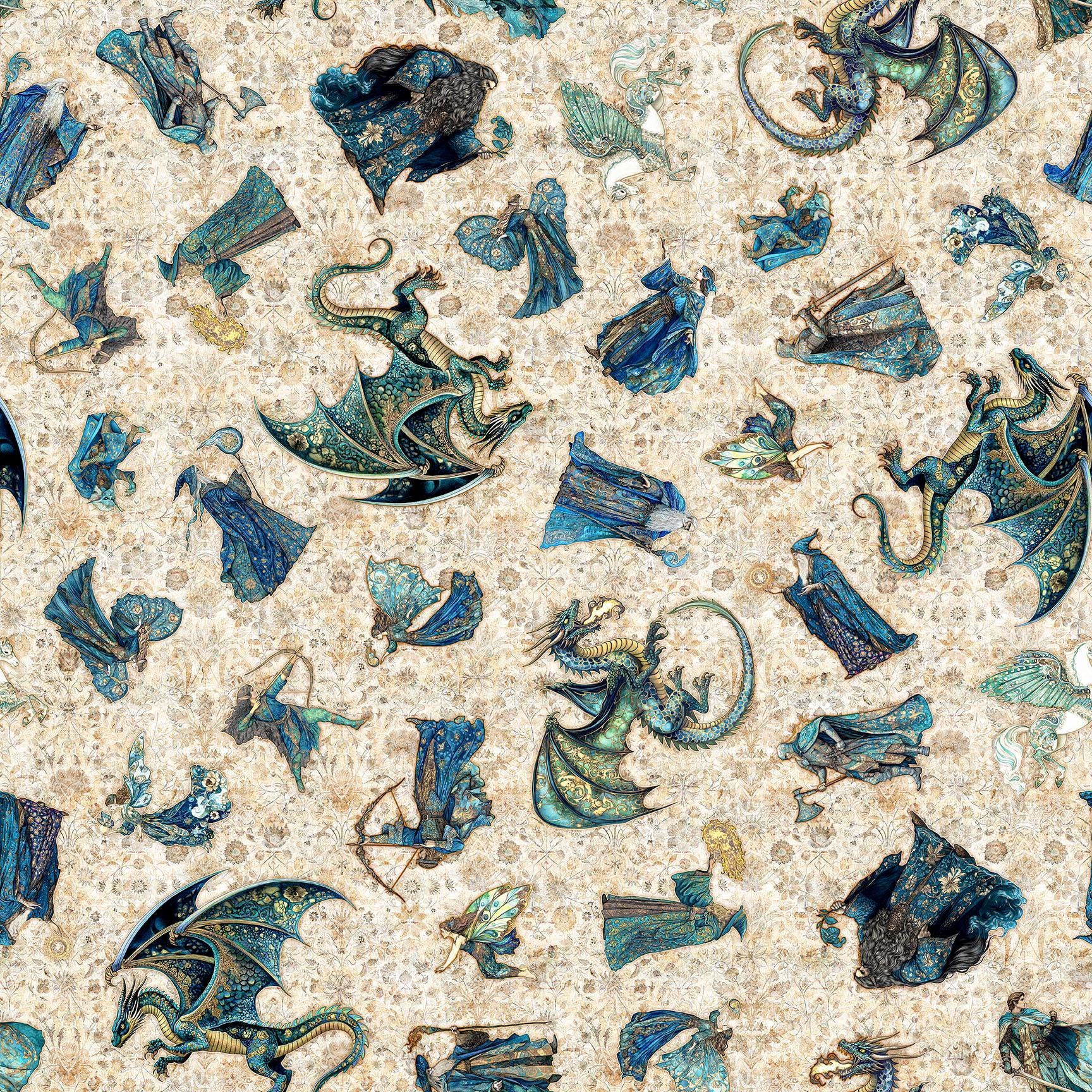 Image of Folklore Medieval Character Toss Tan quilting cotton fabric by Morris Creative Group for QT fabrics. Features dragons and wizards on a cream background. Cute Little Fabric Shop.