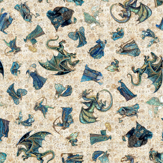 Image of Folklore Medieval Character Toss Tan quilting cotton fabric by Morris Creative Group for QT fabrics. Features dragons and wizards on a cream background. Cute Little Fabric Shop.