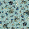 Image of Folklore Medieval Character Toss Dusty Aqua quilting cotton fabric by Morris Creative Group for QT fabrics. Features dragons and wizards on a blue background. Cute Little Fabric Shop.
