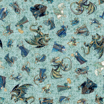 Image of Folklore Medieval Character Toss Dusty Aqua quilting cotton fabric by Morris Creative Group for QT fabrics. Features dragons and wizards on a blue background. Cute Little Fabric Shop.