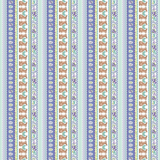Image of Easter Garden Bunnies Decorative Strip Multi quilting cotton fabric by Julie Lynch for Riley Blake Designs. Features stripes on a purple background. Cute Little Fabric Shop.