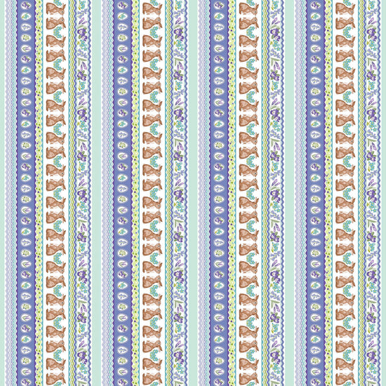 Image of Easter Garden Bunnies Decorative Strip Multi quilting cotton fabric by Julie Lynch for Riley Blake Designs. Features stripes on a purple background. Cute Little Fabric Shop.