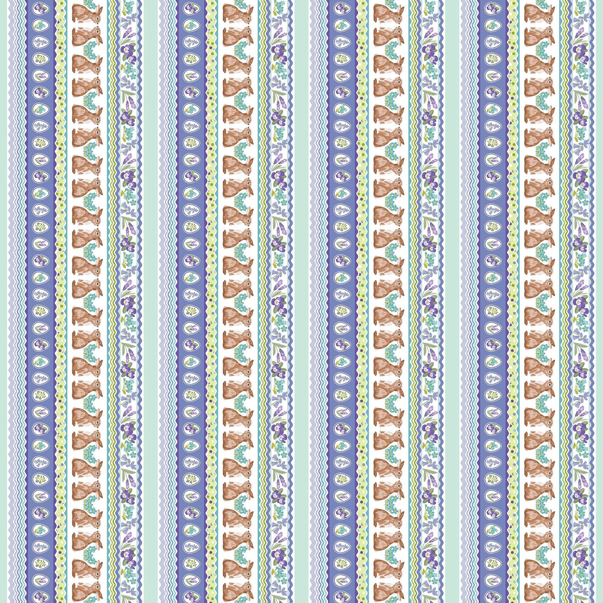 Image of Easter Garden Bunnies Decorative Strip Multi quilting cotton fabric by Julie Lynch for Riley Blake Designs. Features stripes on a purple background. Cute Little Fabric Shop.