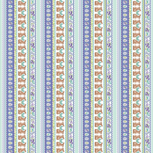 Image of Easter Garden Bunnies Decorative Strip Multi quilting cotton fabric by Julie Lynch for Riley Blake Designs. Features stripes on a purple background. Cute Little Fabric Shop.