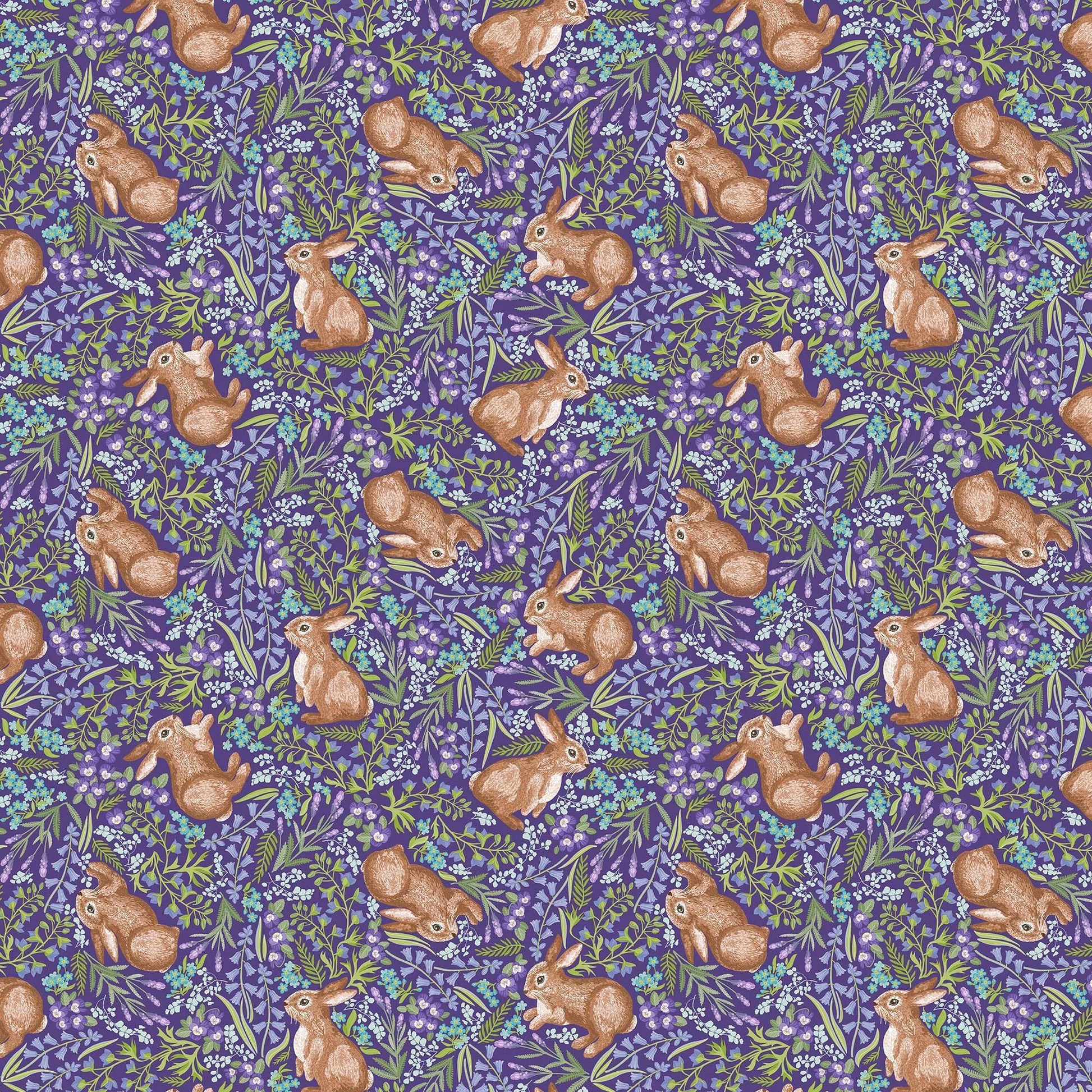 Image of Easter Garden Bunnies Purple quilting cotton fabric by Julie Lynch for Riley Blake Designs. Features bunnies on a purple background. Cute Little Fabric Shop.