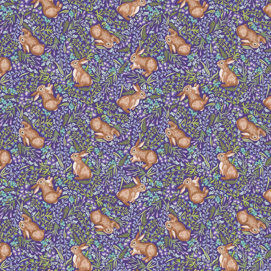 Image of Easter Garden Bunnies Purple quilting cotton fabric by Julie Lynch for Riley Blake Designs. Features bunnies on a purple background. Cute Little Fabric Shop.