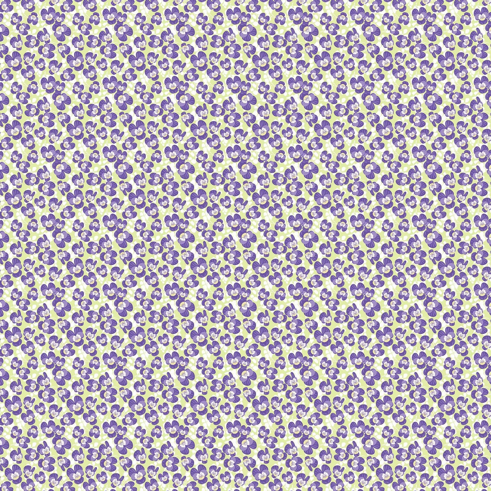 Image of Easter Garden Violets Light Green quilting cotton fabric by Julie Lynch for Riley Blake Designs. Features flowers on a purple background. Cute Little Fabric Shop.