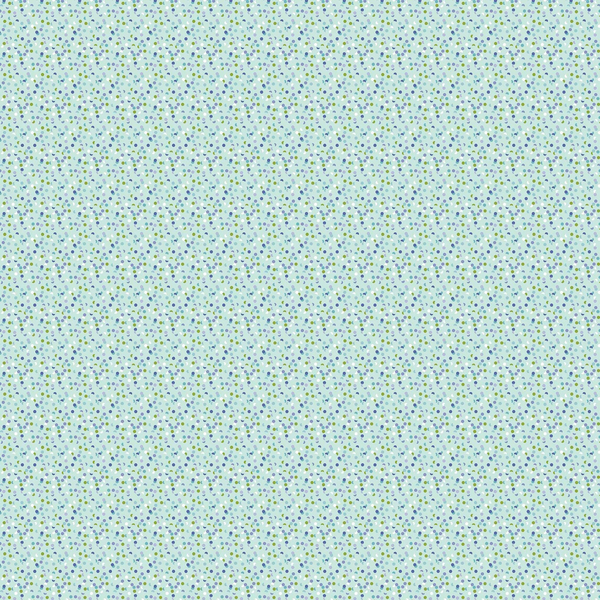 Image of Easter Garden Confetti Dots Light Aqua quilting cotton fabric by Julie Lynch for Riley Blake Designs. Features dots on a blue background. Cute Little Fabric Shop.