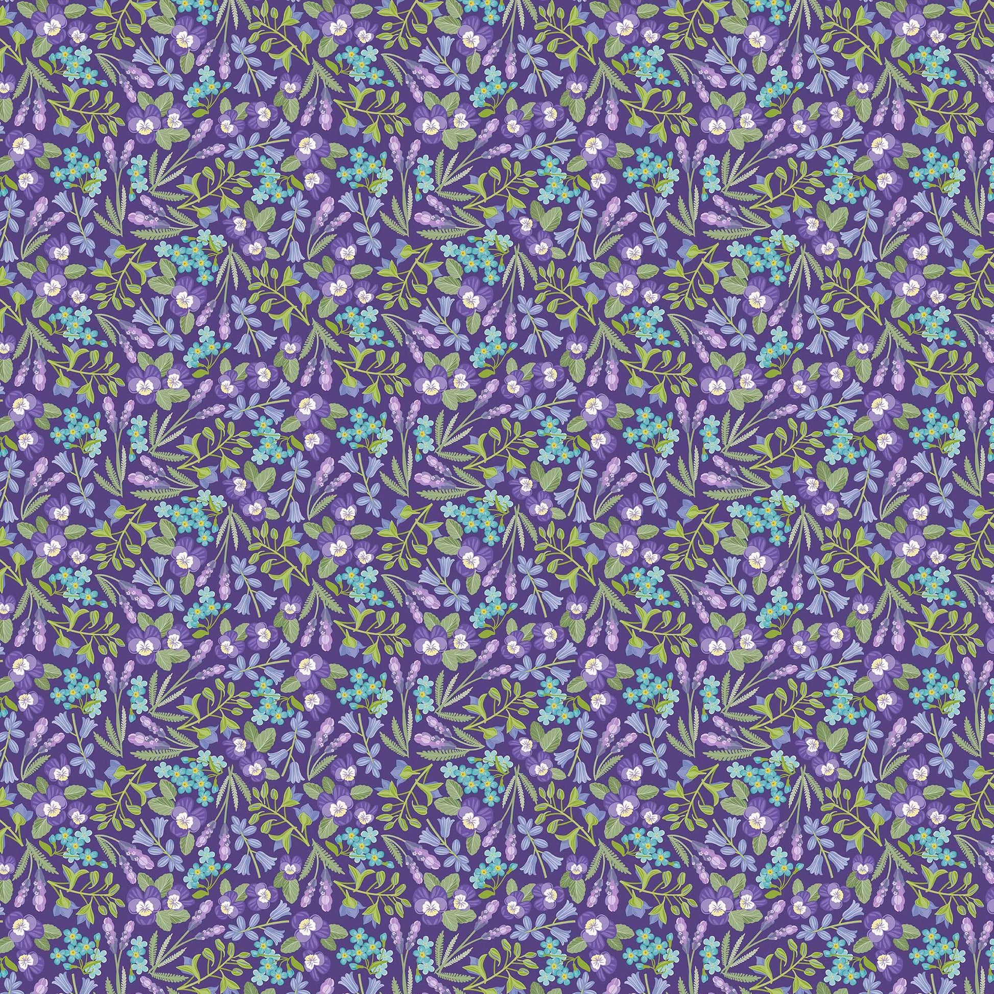 Image of Easter Garden Spring Floral Purple quilting cotton fabric by Julie Lynch for Riley Blake Designs. Features flowers on a purple background. Cute Little Fabric Shop.