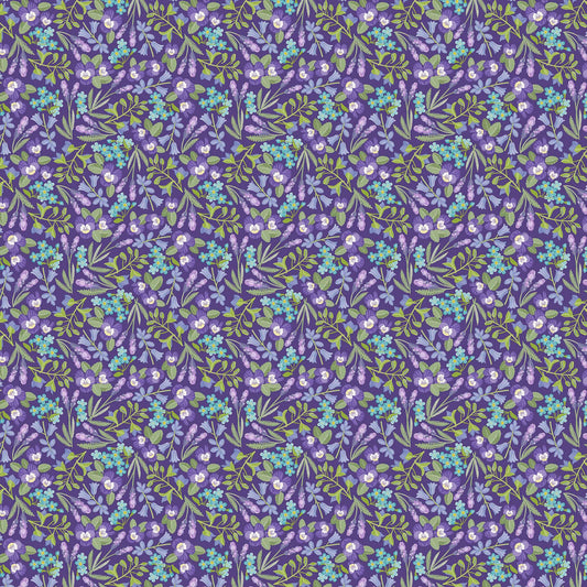 Image of Easter Garden Spring Floral Purple quilting cotton fabric by Julie Lynch for Riley Blake Designs. Features flowers on a purple background. Cute Little Fabric Shop.