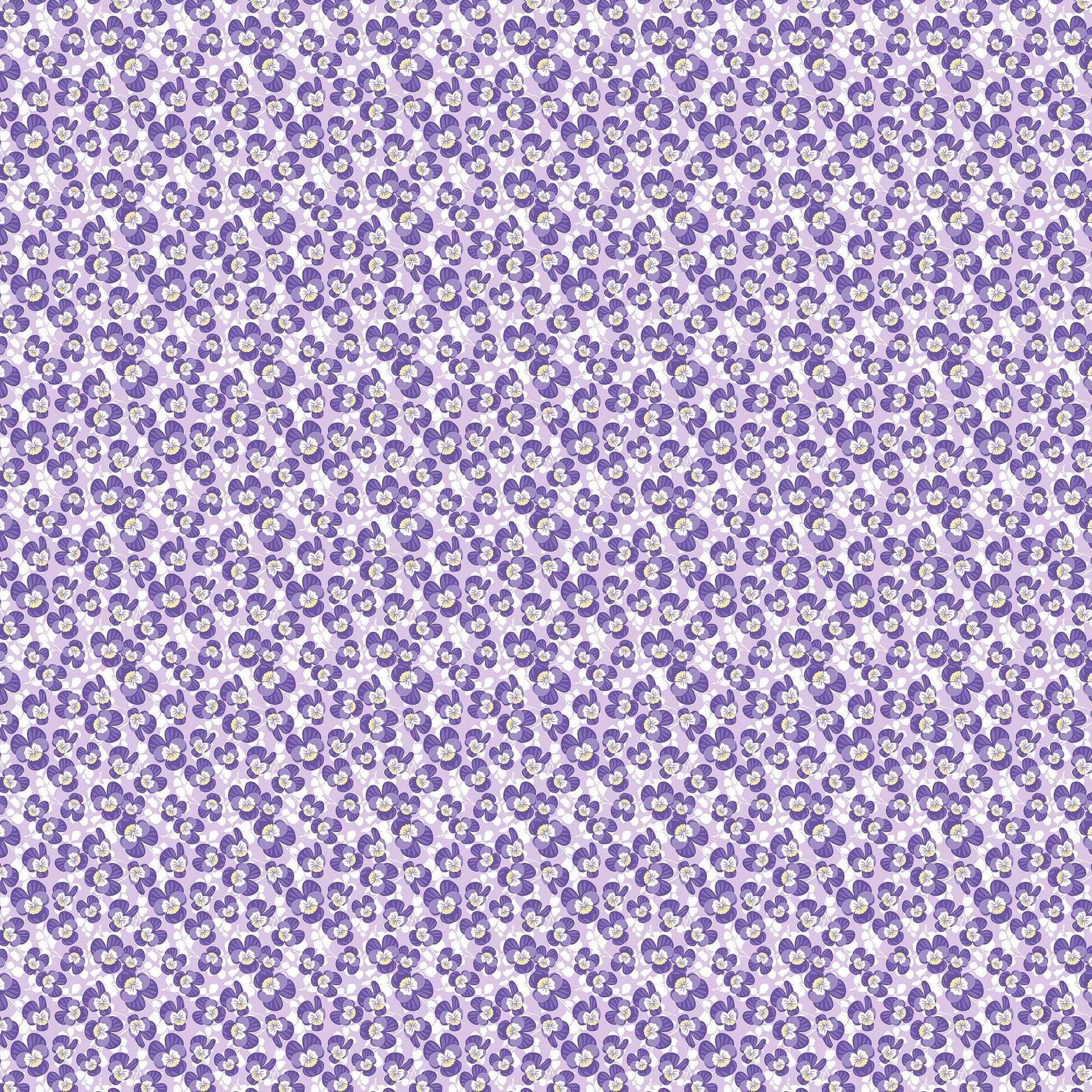 Image of Easter Garden Violets Light Lavender quilting cotton fabric by Julie Lynch for Riley Blake Designs. Features flowers on a purple background. Cute Little Fabric Shop.