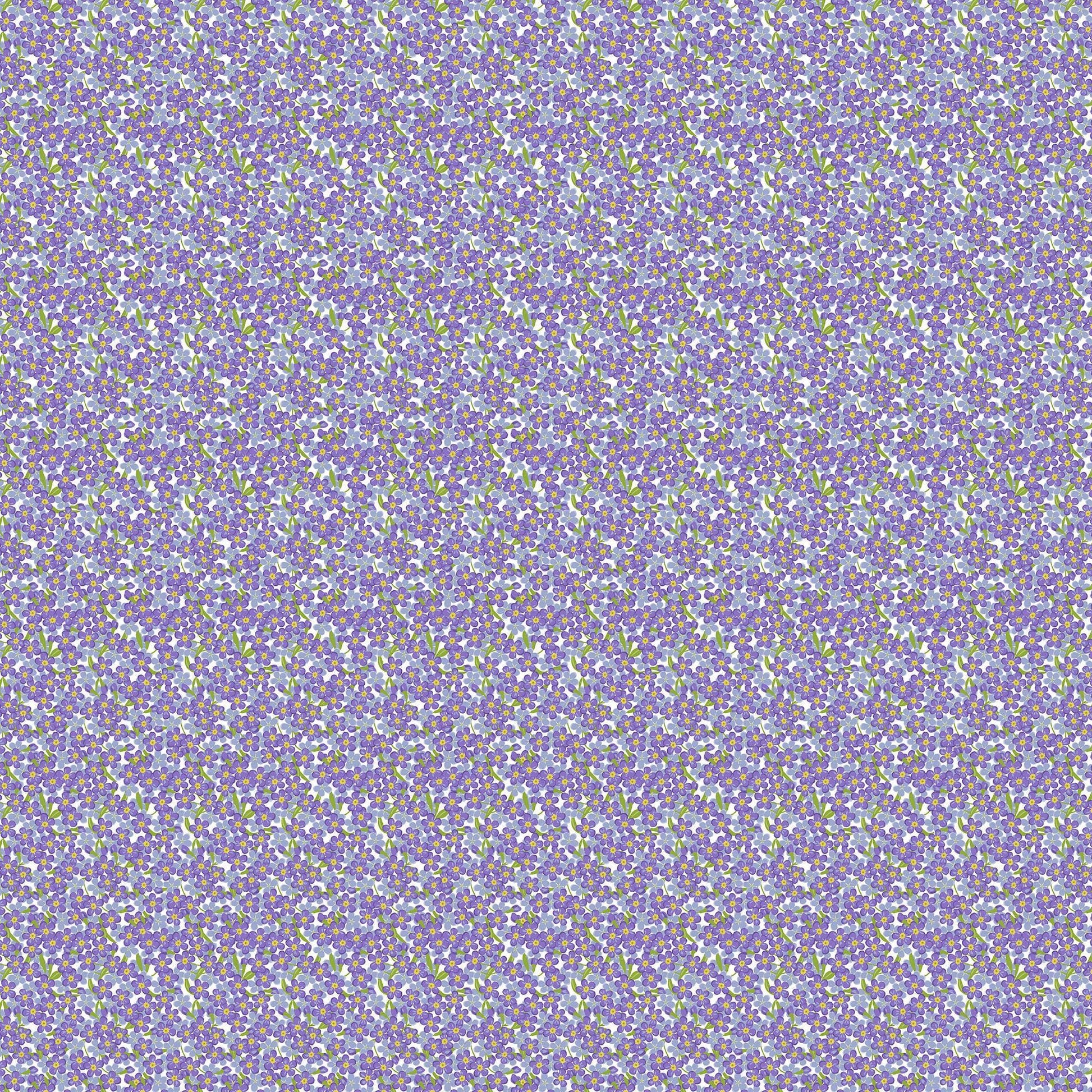 Image of Easter Garden Forget Me Knots Lavender quilting cotton fabric by Julie Lynch for Riley Blake Designs. Features flowers on a purple background. Cute Little Fabric Shop.