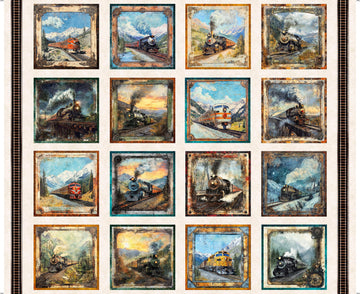 Steam & Steel Train Picture Patches Panel 31632 Pearl E - QT Fabrics - Trains Machine Smoke - Quilting Cotton Fabric