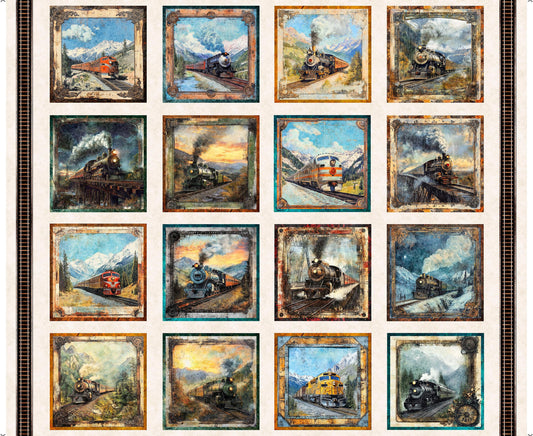 Steam & Steel Train Picture Patches Panel 31632 Pearl E - QT Fabrics - Trains Machine Smoke - Quilting Cotton Fabric