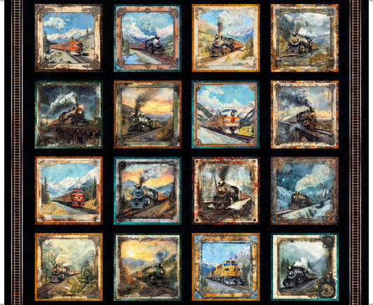 Steam & Steel Train Picture Patches Panel 31632 Black J - QT Fabrics - Trains Machine Smoke - Quilting Cotton Fabric