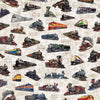 Image of Steam & Steel Trains Birch quilting cotton fabric by Dan Morris for QT Fabrics. Features trains on a cream background. Cute Little Fabric Shop.