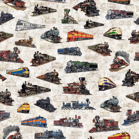Image of Steam & Steel Trains Birch quilting cotton fabric by Dan Morris for QT Fabrics. Features trains on a cream background. Cute Little Fabric Shop.