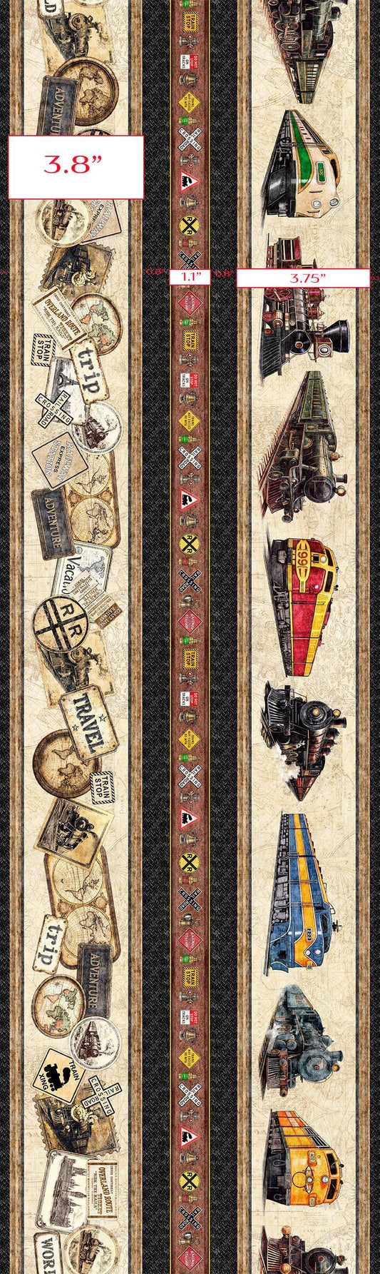 Image of Steam & Steel Train Border Stripe quilting cotton fabric by Dan Morris for QT Fabrics. Features trains on a beige background. Cute Little Fabric Shop.