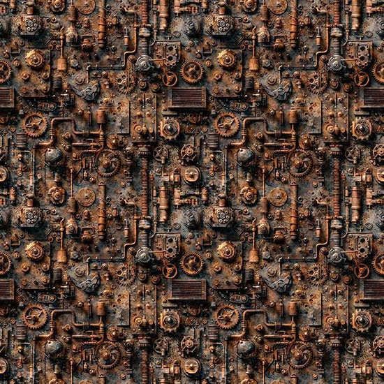 Image of Steam & Steel Train Mechanical Rust quilting cotton fabric by Dan Morris for QT Fabrics. Features machinery on a brown background. Cute Little Fabric Shop.