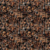Image of Steam & Steel Train Mechanical Rust quilting cotton fabric by Dan Morris for QT Fabrics. Features machinery on a brown background. Cute Little Fabric Shop.