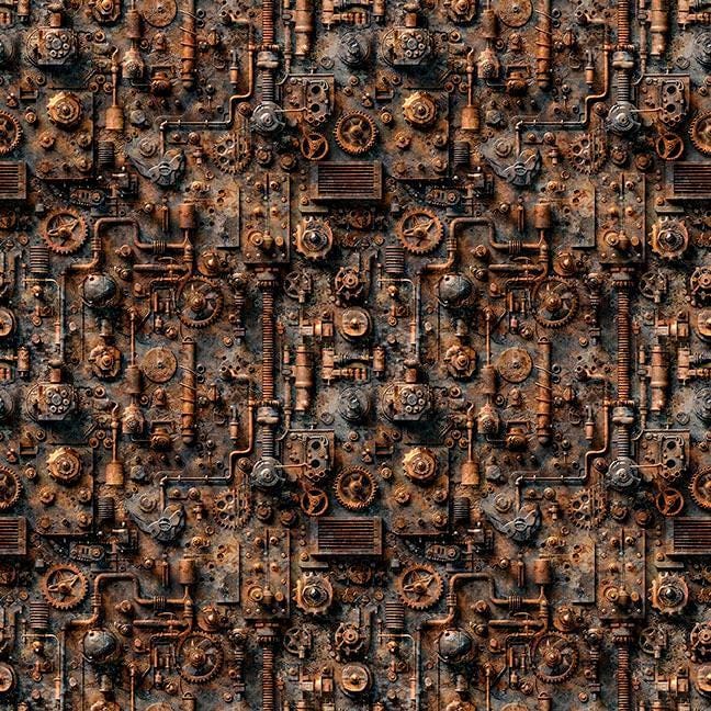 Image of Steam & Steel Train Mechanical Rust quilting cotton fabric by Dan Morris for QT Fabrics. Features machinery on a brown background. Cute Little Fabric Shop.