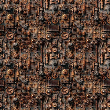 Image of Steam & Steel Train Mechanical Rust quilting cotton fabric by Dan Morris for QT Fabrics. Features machinery on a brown background. Cute Little Fabric Shop.