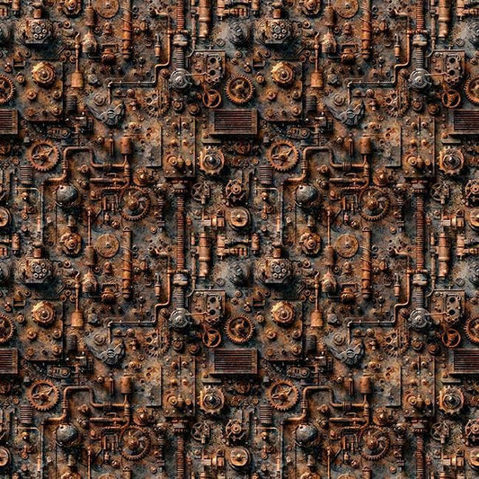 Image of Steam & Steel Train Mechanical Rust quilting cotton fabric by Dan Morris for QT Fabrics. Features machinery on a brown background. Cute Little Fabric Shop.