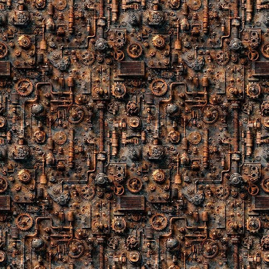 Image of Steam & Steel Train Mechanical Rust quilting cotton fabric by Dan Morris for QT Fabrics. Features machinery on a brown background. Cute Little Fabric Shop.