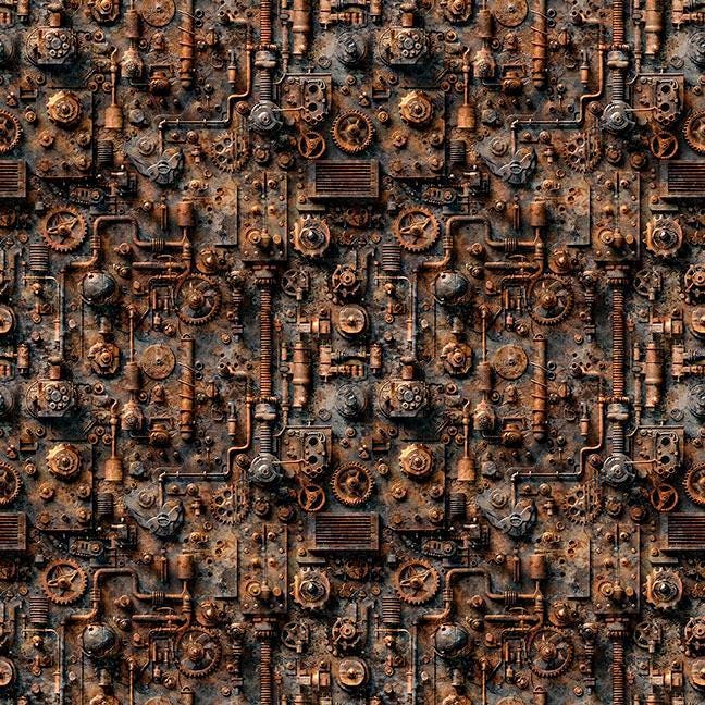 Image of Steam & Steel Train Mechanical Rust quilting cotton fabric by Dan Morris for QT Fabrics. Features machinery on a brown background. Cute Little Fabric Shop.