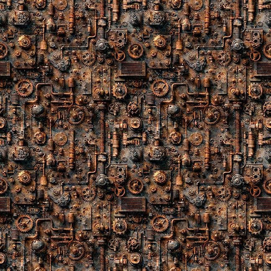 Image of Steam & Steel Train Mechanical Rust quilting cotton fabric by Dan Morris for QT Fabrics. Features machinery on a brown background. Cute Little Fabric Shop.