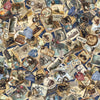 Image of Steam & Steel Train Ephemera quilting cotton fabric by Dan Morris for QT Fabrics. Features postcards on a beige background. Cute Little Fabric Shop.
