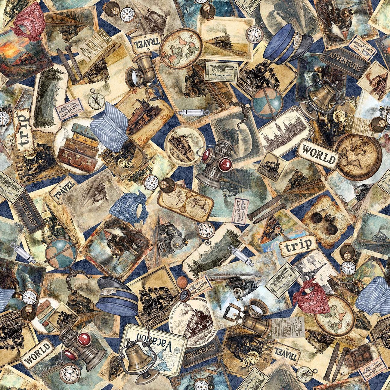 Image of Steam & Steel Train Ephemera quilting cotton fabric by Dan Morris for QT Fabrics. Features postcards on a beige background. Cute Little Fabric Shop.
