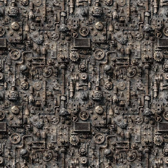 Image of Steam & Steel Train Mechanical Charcoal quilting cotton fabric by Dan Morris for QT Fabrics. Features machinery on a gray background. Cute Little Fabric Shop.