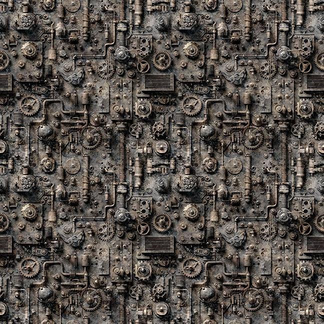 Image of Steam & Steel Train Mechanical Charcoal quilting cotton fabric by Dan Morris for QT Fabrics. Features machinery on a gray background. Cute Little Fabric Shop.