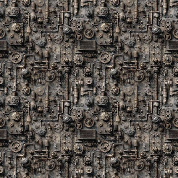 Image of Steam & Steel Train Mechanical Charcoal quilting cotton fabric by Dan Morris for QT Fabrics. Features machinery on a gray background. Cute Little Fabric Shop.