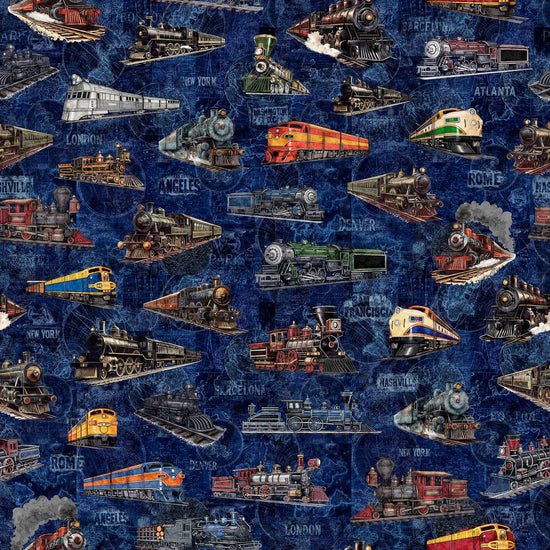 Image of Steam & Steel Trains Navy quilting cotton fabric by Dan Morris for QT Fabrics. Features trains on a blue background. Cute Little Fabric Shop.