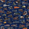 Image of Steam & Steel Trains Navy quilting cotton fabric by Dan Morris for QT Fabrics. Features trains on a blue background. Cute Little Fabric Shop.