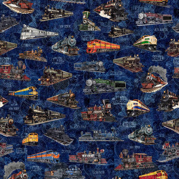 Image of Steam & Steel Trains Navy quilting cotton fabric by Dan Morris for QT Fabrics. Features trains on a blue background. Cute Little Fabric Shop.
