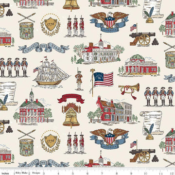 Image of Independence Main Cream quilting cotton fabric by The RBD Designers for Riley Blake Designs. Features buildings on a cream background. Cute Little Fabric Shop.