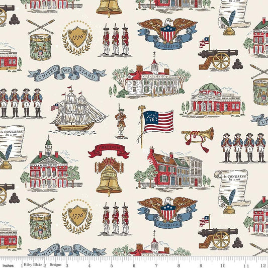 Image of Independence Main Cream quilting cotton fabric by The RBD Designers for Riley Blake Designs. Features buildings on a cream background. Cute Little Fabric Shop.